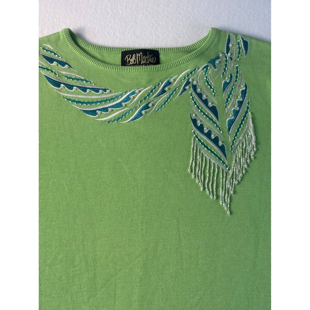 Bob Mackie Wearable Art Lime Green Beaded Feather Fringe Knit Sweater Womens L - Picture 5 of 10